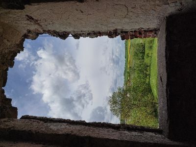 . Okno na wiosnę (widok z okna zamku w Krzyżtoporze w Świętokrzyskiem)